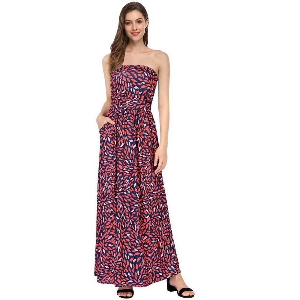 ❤️ CLEARLOVE Women Strapless Casual Loose Ruched Maxi Dress with Pockets Size S - Picture 1 of 6
